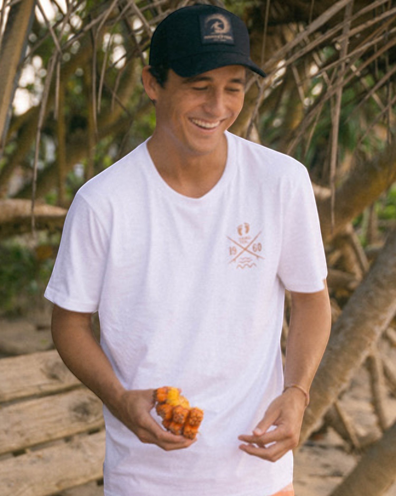 Hang Ten black trucker cap with adjustable snapback and embroidered logo patch. Made from cotton and polyester.